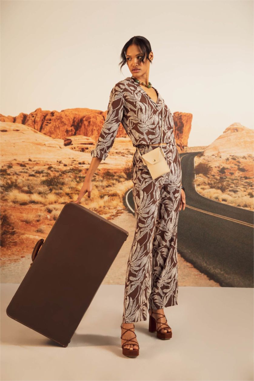 FEMME Marron Pantalon large en viscose à taille normale et à motifs