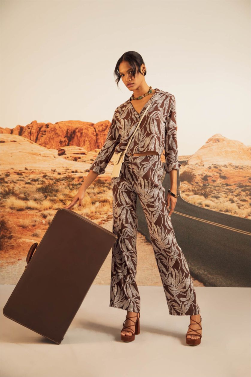 FEMME Marron Pantalon large en viscose à taille normale et à motifs