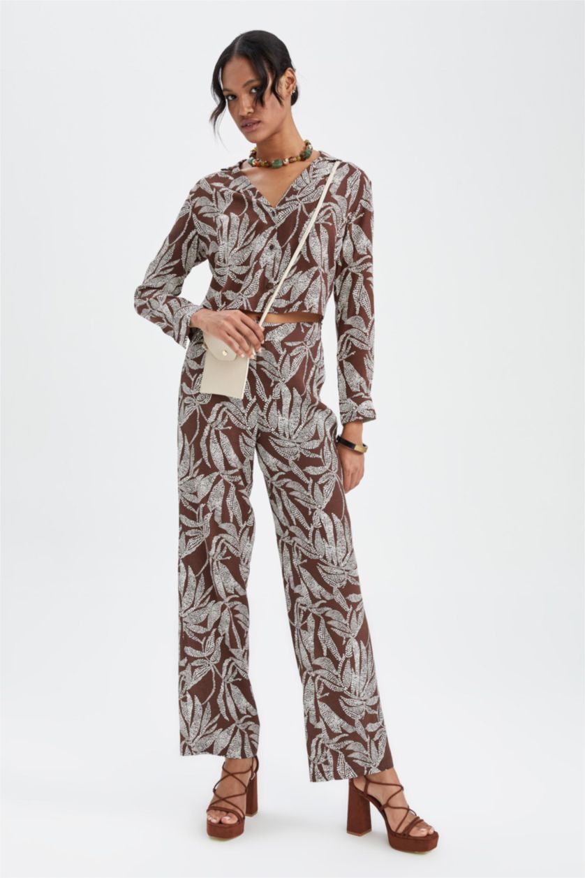 FEMME Marron Pantalon large en viscose à taille normale et à motifs