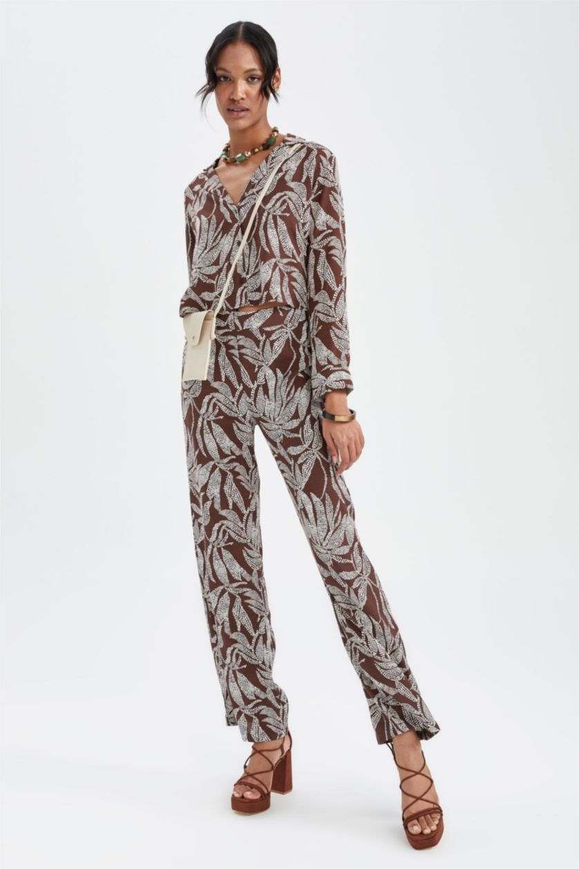 FEMME Marron Pantalon large en viscose à taille normale et à motifs