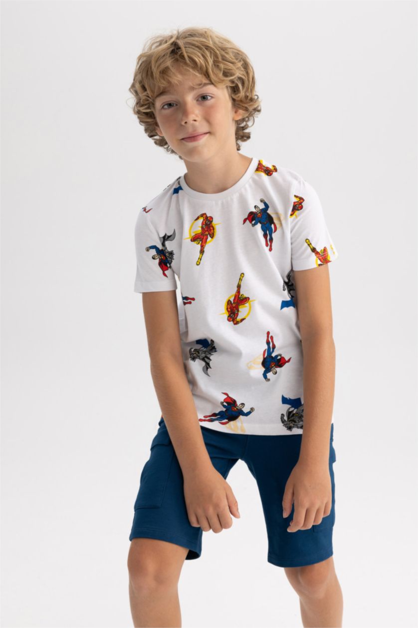 Boys & Teens White Boy Regular Fit Shot Sleeve Justice League Print T-Shirt