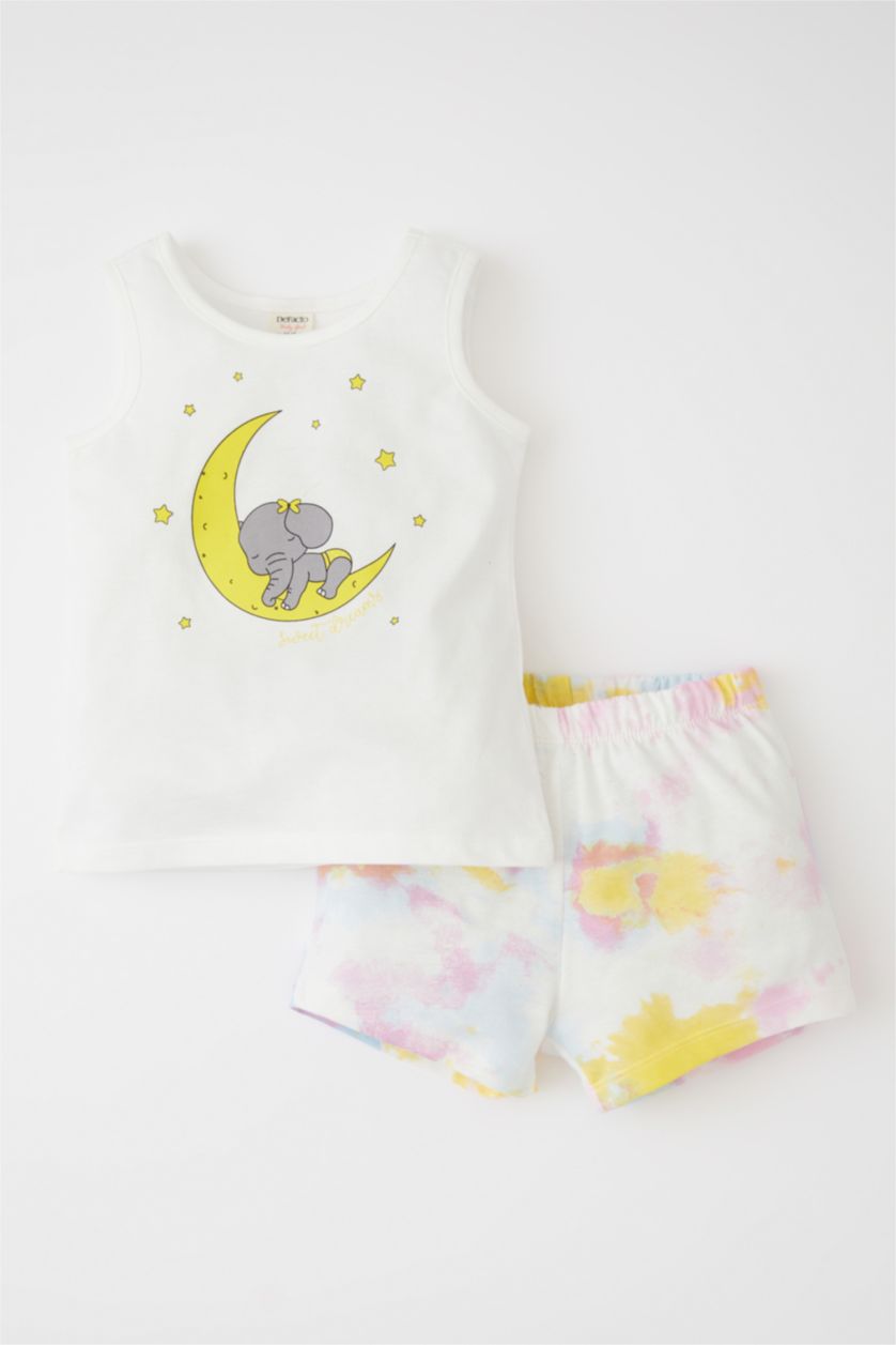 Kız Bebek Kırık Beyaz Kız Bebek Ay Baskılı Pamuklu Kolsuz Şort Pijama Takım