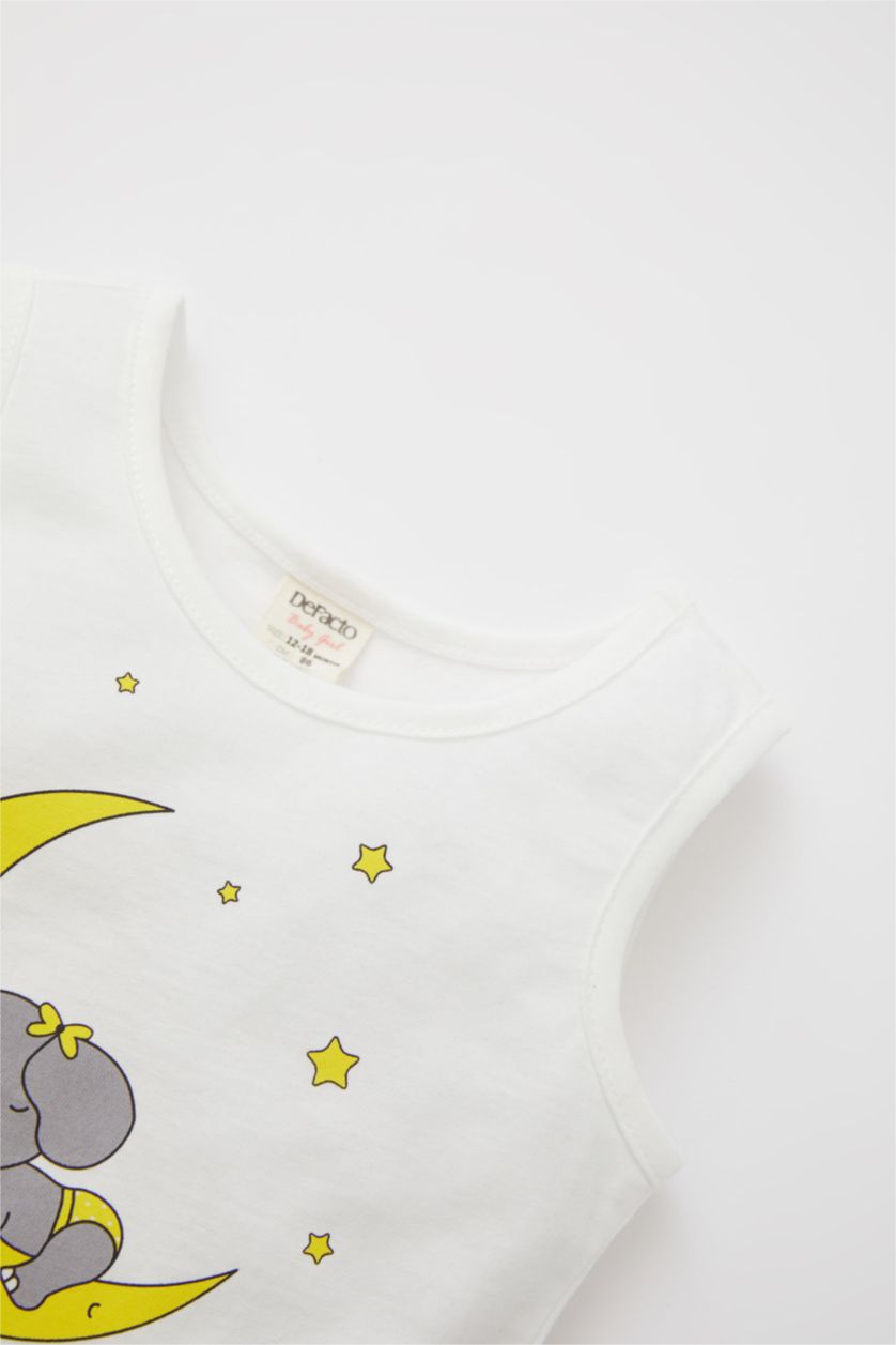 Kız Bebek Kırık Beyaz Kız Bebek Ay Baskılı Pamuklu Kolsuz Şort Pijama Takım