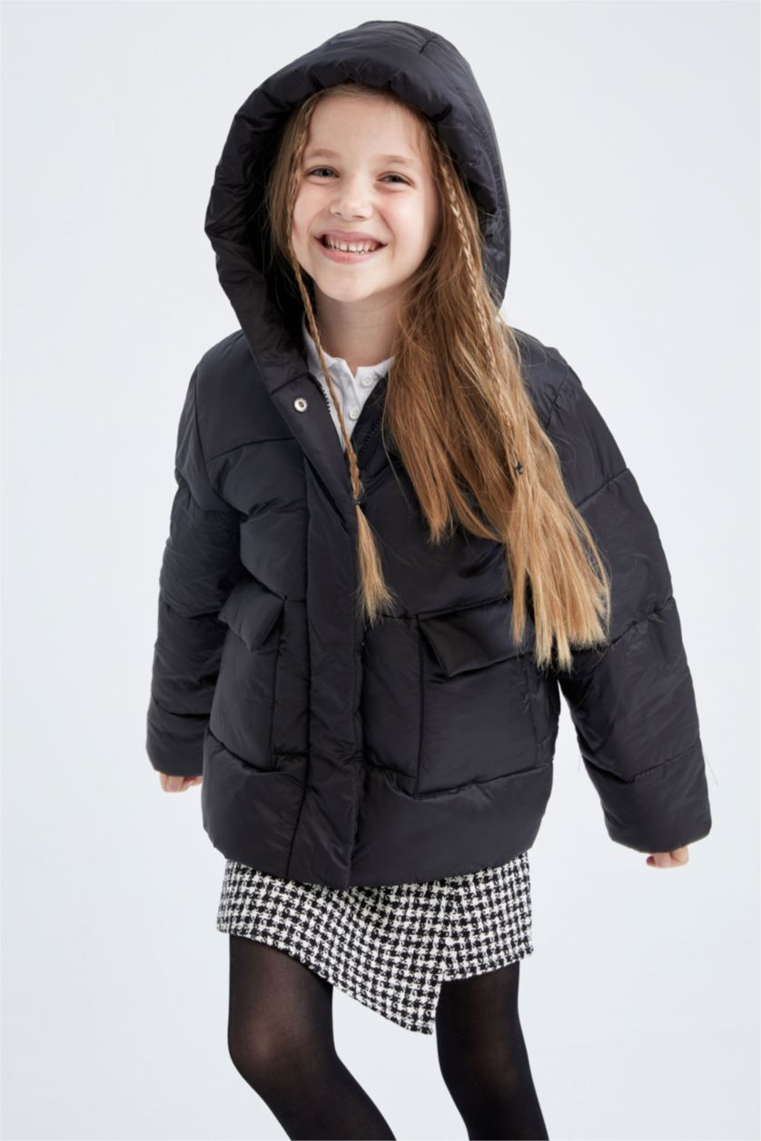 بناتي أسود جاكيت بامب بناتي بكابيشون ببطانة صوفية