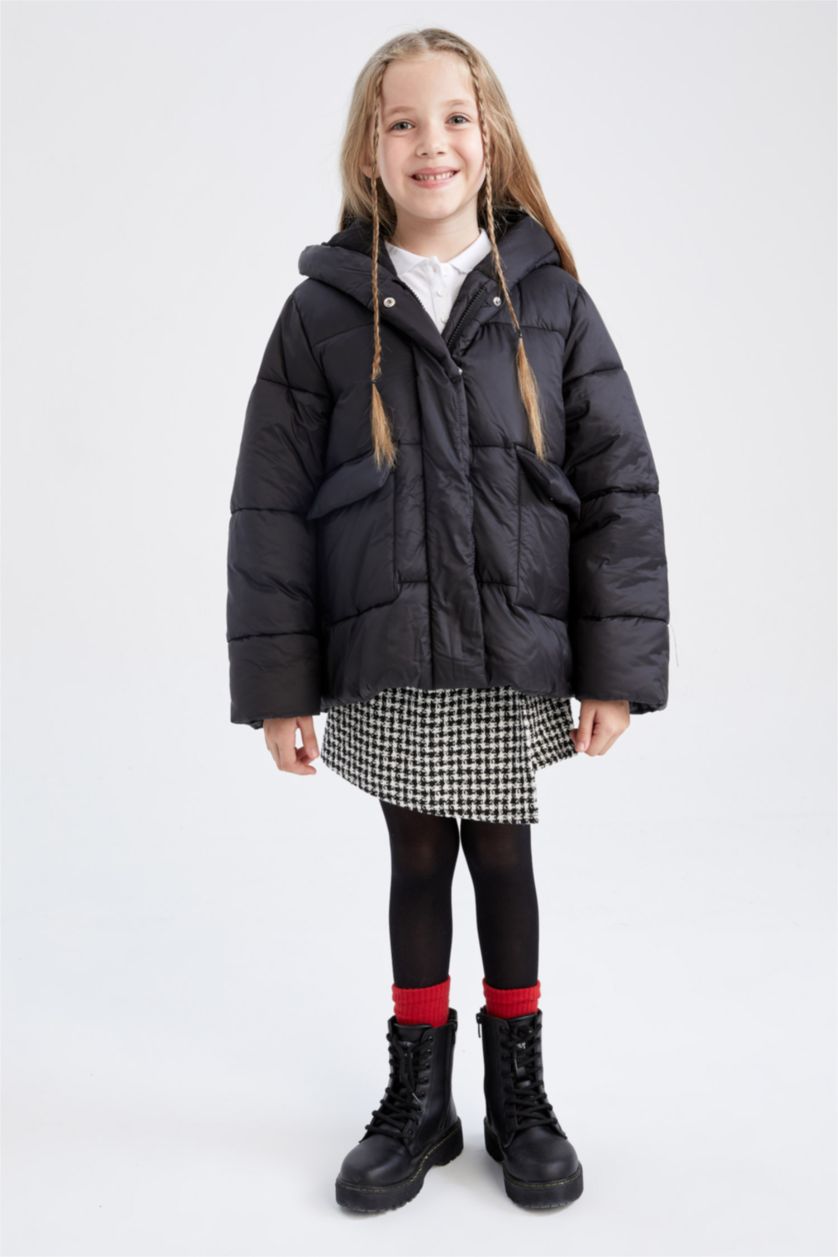 بناتي أسود جاكيت بامب بناتي بكابيشون ببطانة صوفية