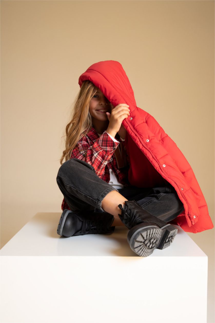 بنات أحمر جاكيت بومبر بناتي بغطاء للرأس مبطب بالصوف