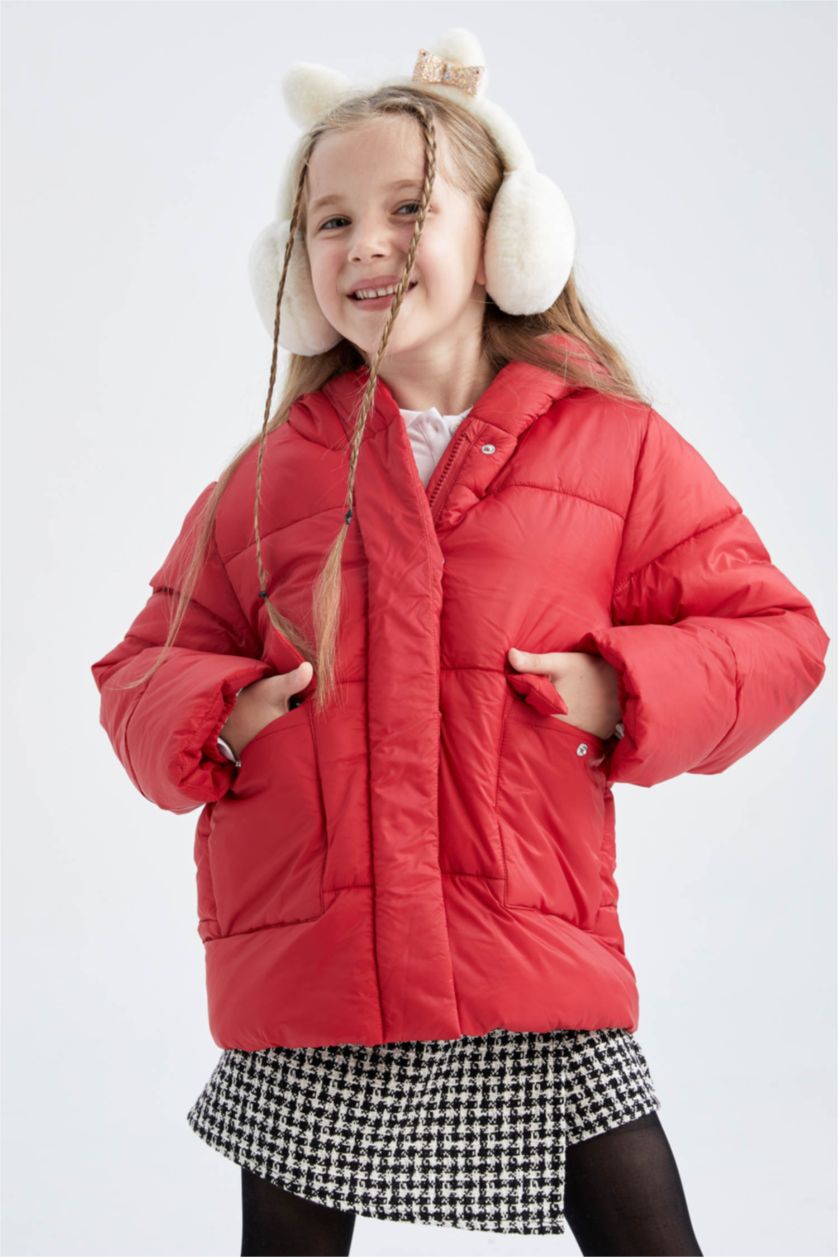 بنات أحمر جاكيت بومبر بناتي بغطاء للرأس مبطب بالصوف