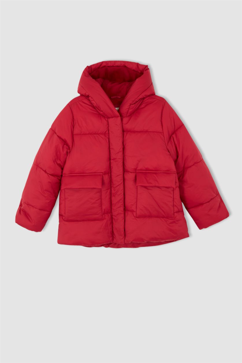 بنات أحمر جاكيت بومبر بناتي بغطاء للرأس مبطب بالصوف