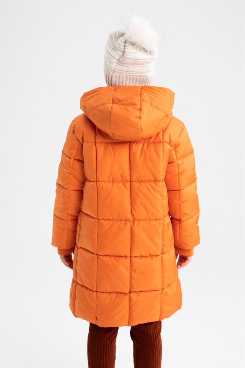 بنات برتقالي قمصلة نفخ طويل بناتي بغطاء للرأس ببطانة صوفية