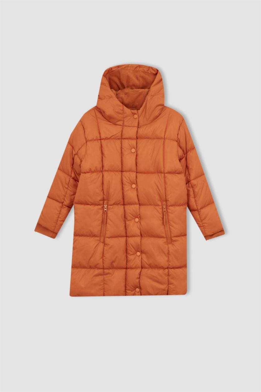 بنات برتقالي قمصلة نفخ طويل بناتي بغطاء للرأس ببطانة صوفية