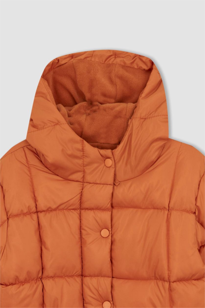 بنات برتقالي قمصلة نفخ طويل بناتي بغطاء للرأس ببطانة صوفية