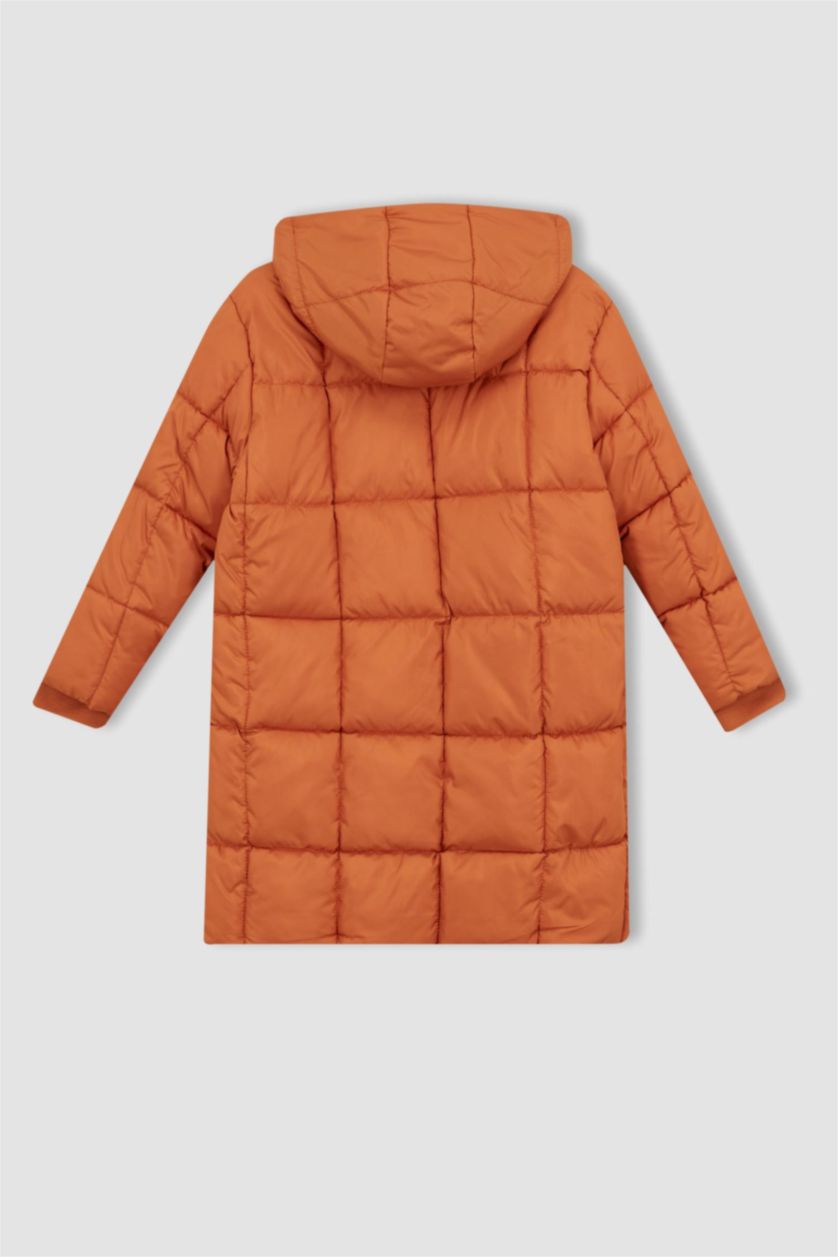 بنات برتقالي قمصلة نفخ طويل بناتي بغطاء للرأس ببطانة صوفية