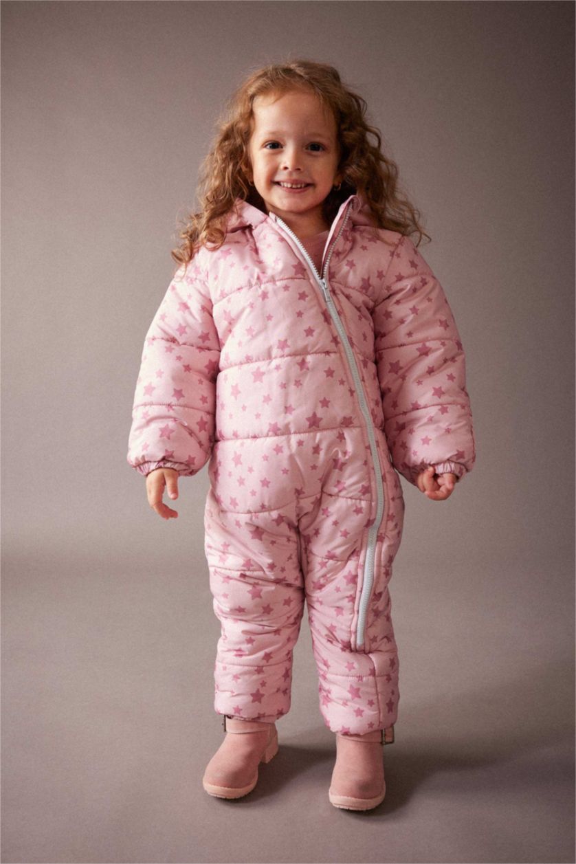 Kız Bebek Gülkurusu Kız Bebek Su Geçirmez Desenli Kapüşonlu Astronot Mont