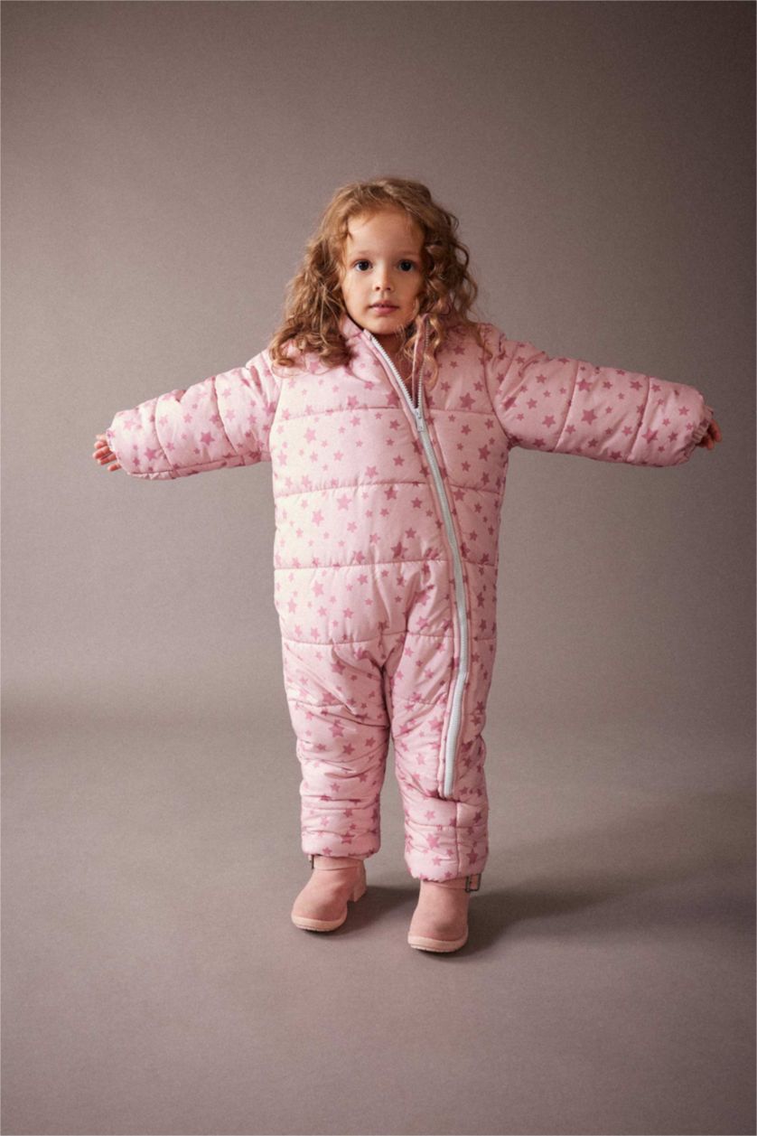 Kız Bebek Gülkurusu Kız Bebek Su Geçirmez Desenli Kapüşonlu Astronot Mont