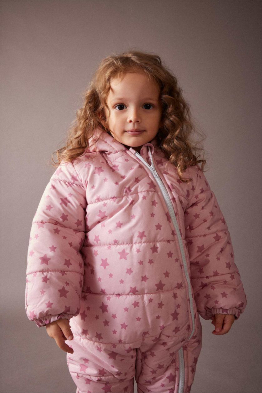 Kız Bebek Gülkurusu Kız Bebek Su Geçirmez Desenli Kapüşonlu Astronot Mont