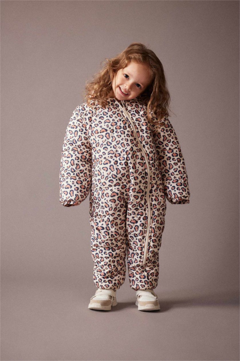 Kız Bebek Somon Kız Bebek Su Geçirmez Desenli Kapüşonlu Astronot Mont