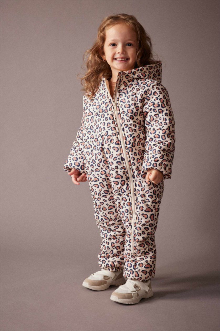 Kız Bebek Somon Kız Bebek Su Geçirmez Desenli Kapüşonlu Astronot Mont