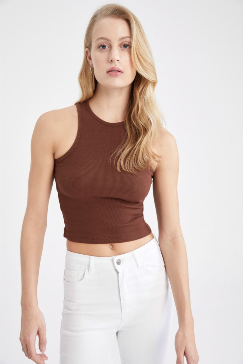 Kadın Kahve Slım Fıt Fitilli Kaşkorse Atlet