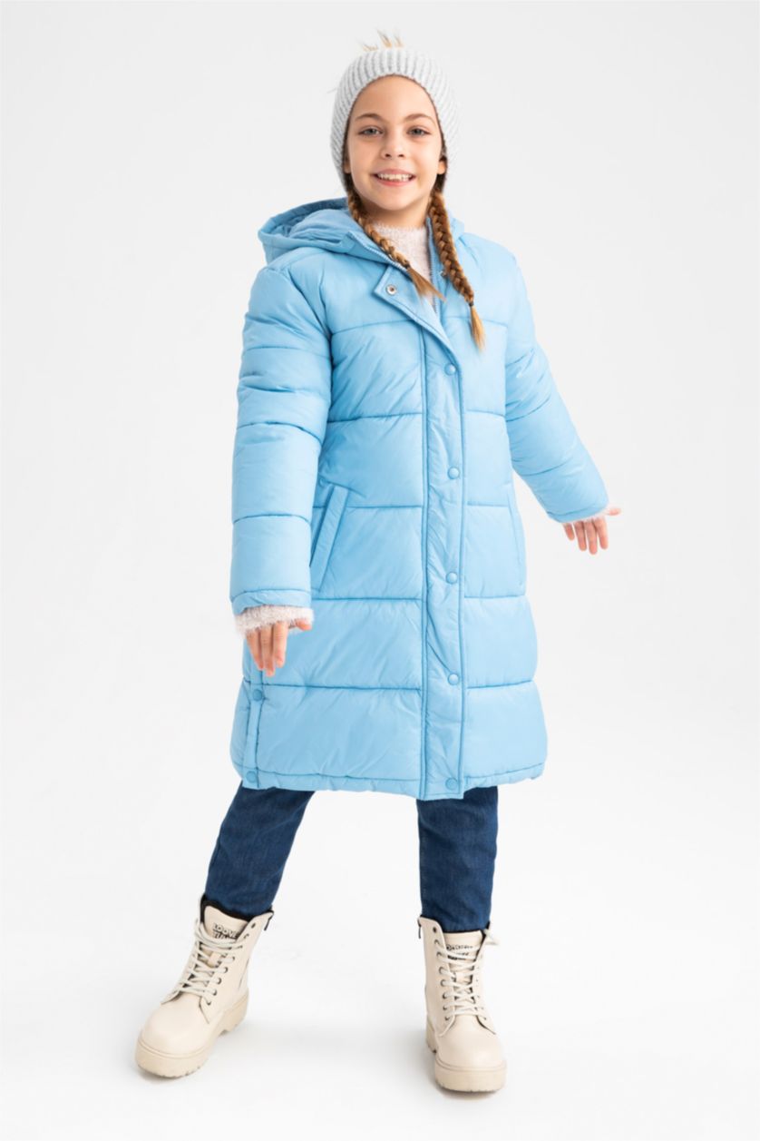 بنات أزرق فاتح جاكيت بناتي بقصة عادية بغطاء للرأس مبطن بالصوف