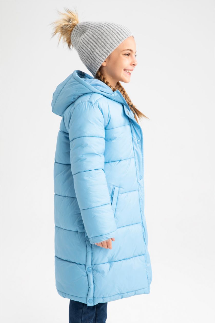 بنات أزرق فاتح جاكيت بناتي بقصة عادية بغطاء للرأس مبطن بالصوف