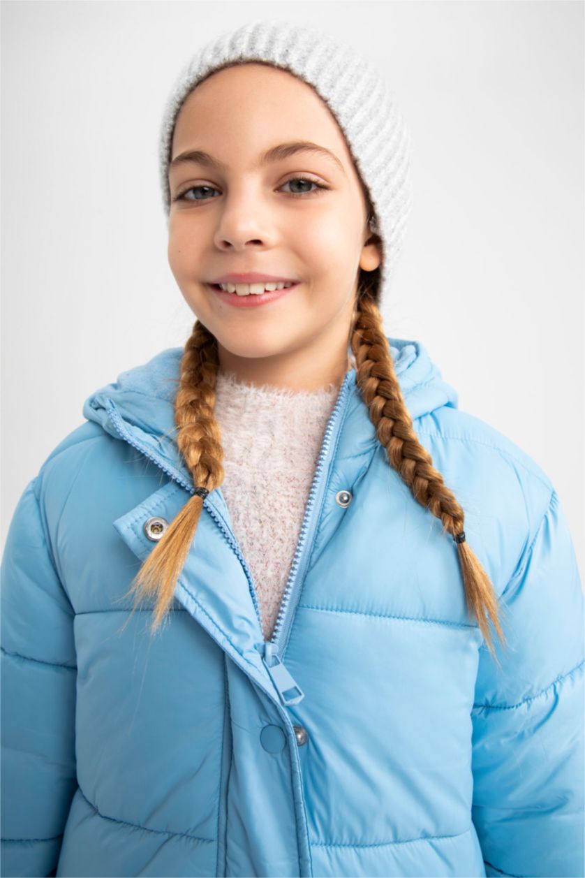 بنات أزرق فاتح جاكيت بناتي بقصة عادية بغطاء للرأس مبطن بالصوف