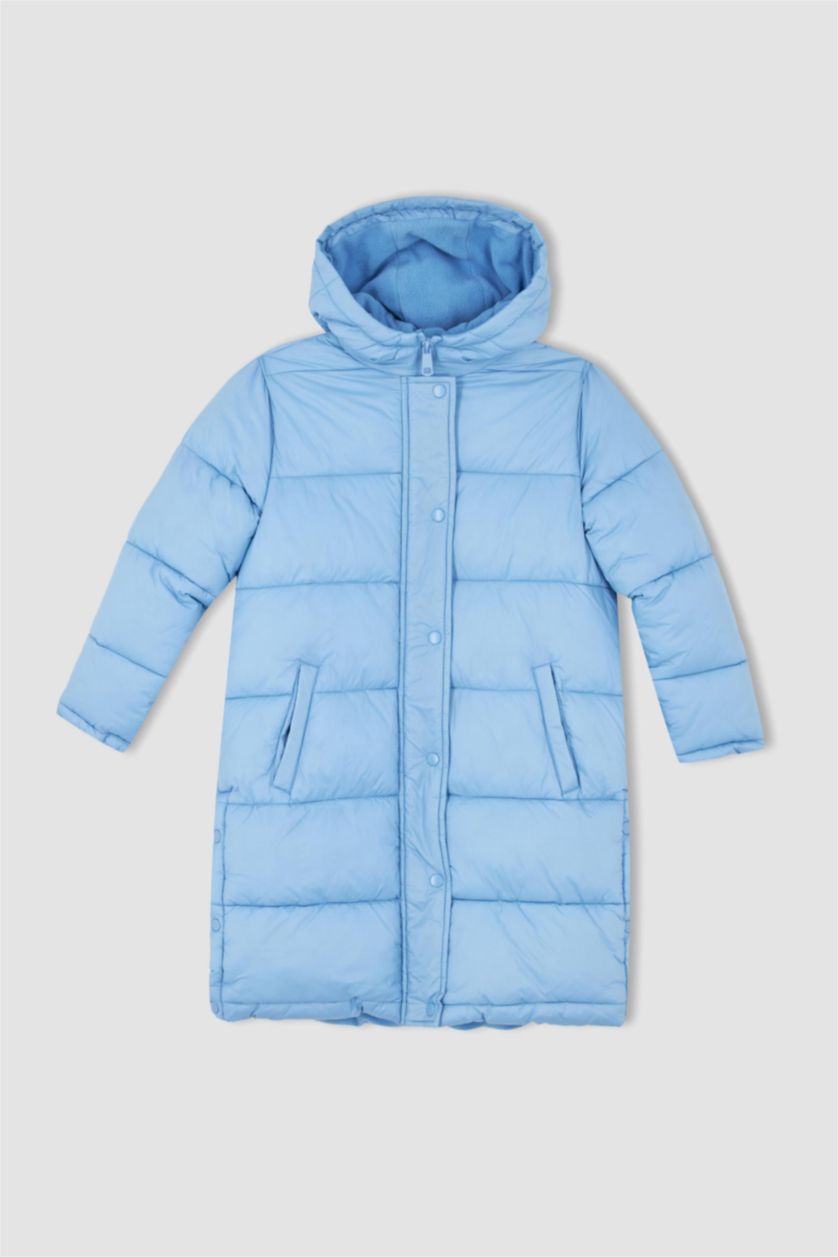 بنات أزرق فاتح جاكيت بناتي بقصة عادية بغطاء للرأس مبطن بالصوف