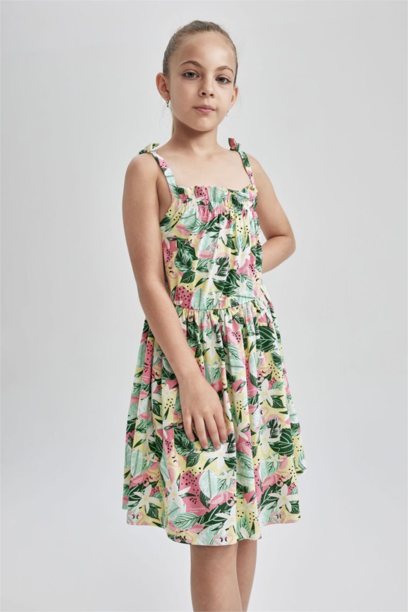 FILLES Rose Robe à bretelles à motif floral et encolure carrée pour fille