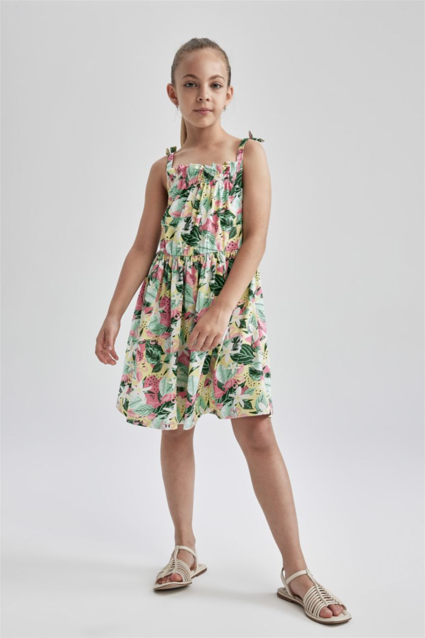 FILLES Rose Robe à bretelles à motif floral et encolure carrée pour fille