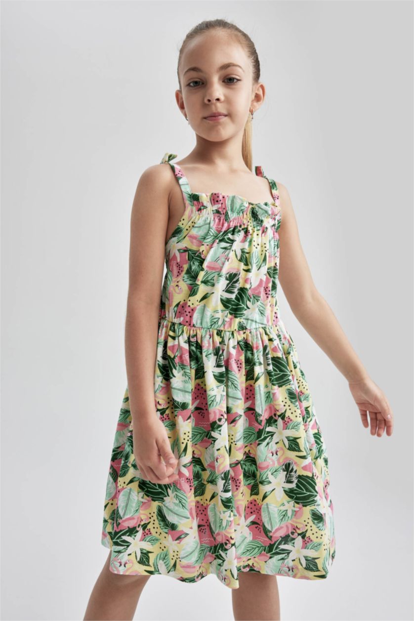 FILLES Rose Robe à bretelles à motif floral et encolure carrée pour fille