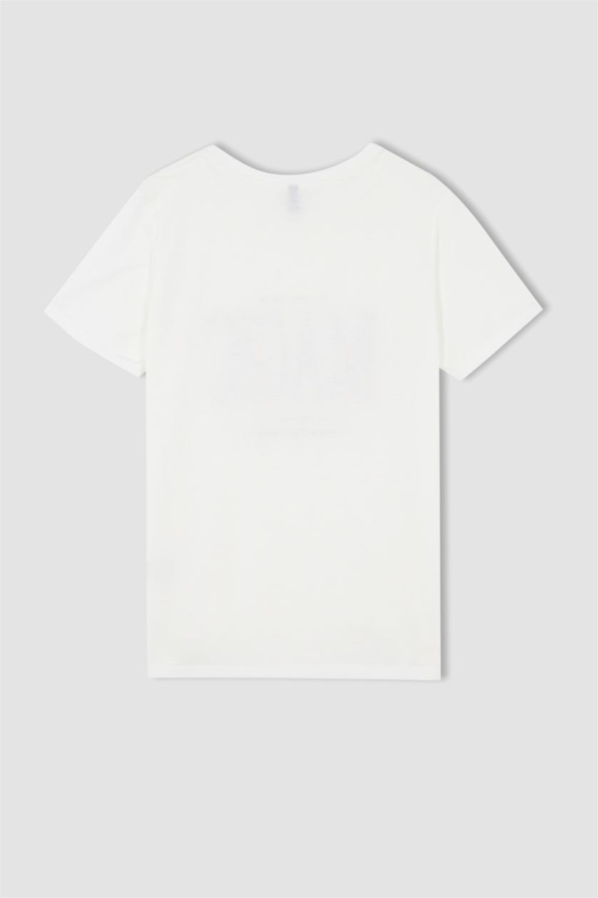 FEMME Écru T-shirt à manches courtes et imprimé à slogan et à sequins Regular Fit