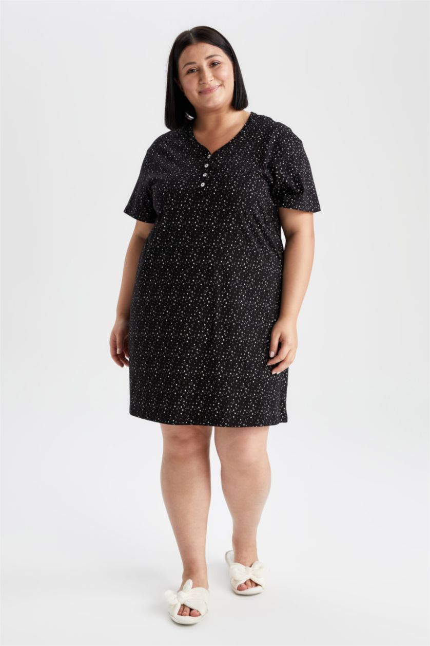 Kadın Siyah DF Plus Büyük Beden V Yaka  Desenli %100 Pamuk Gecelik