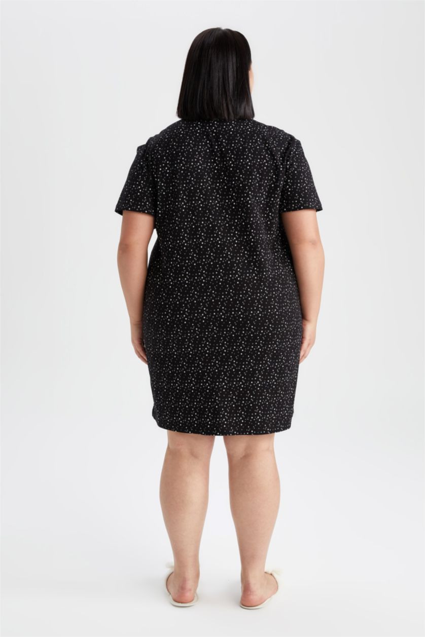 Kadın Siyah DF Plus Büyük Beden V Yaka  Desenli %100 Pamuk Gecelik