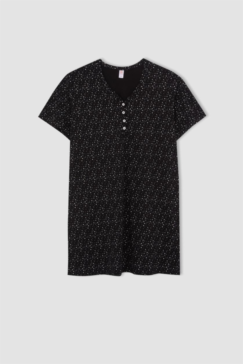 Kadın Siyah DF Plus Büyük Beden V Yaka  Desenli %100 Pamuk Gecelik