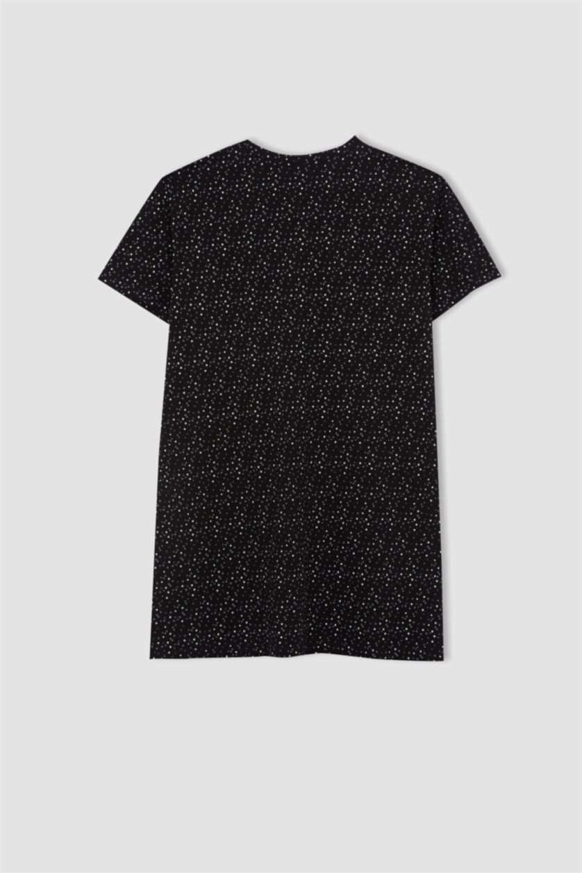 Kadın Siyah DF Plus Büyük Beden V Yaka  Desenli %100 Pamuk Gecelik