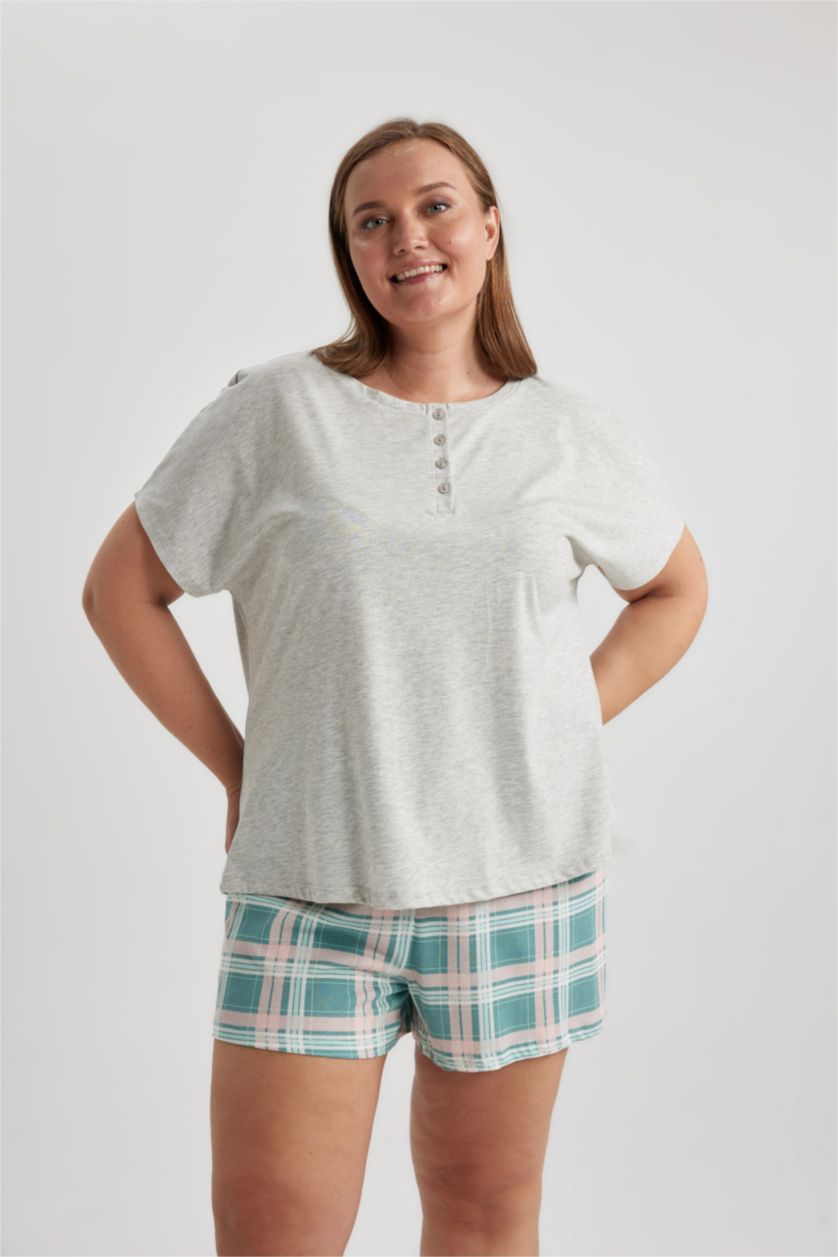 WOMAN Grey Melange 2 piece Plussize Fit Plaid Set