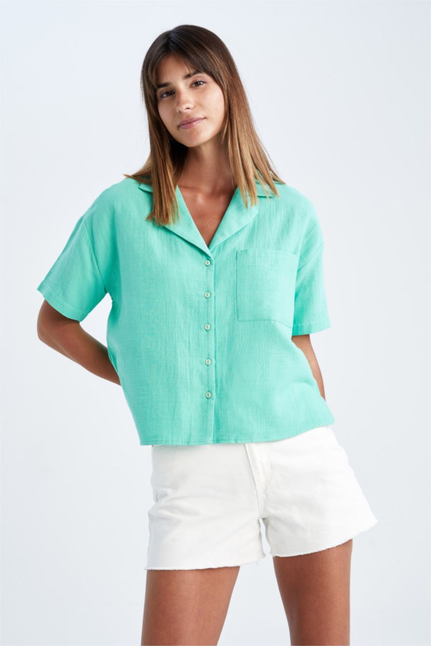 FEMME Turquoise Chemise à manches courtes en mousseline à col de veste coupe classique