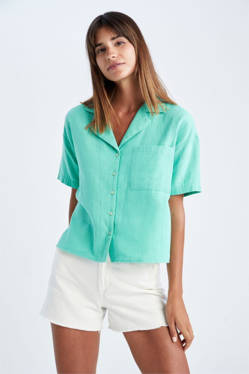 FEMME Turquoise Chemise à manches courtes en mousseline à col de veste coupe classique