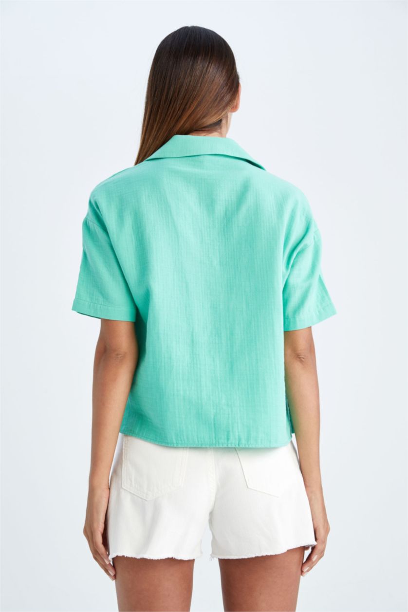 FEMME Turquoise Chemise à manches courtes en mousseline à col de veste coupe classique