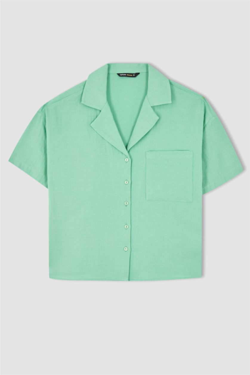 FEMME Turquoise Chemise à manches courtes en mousseline à col de veste coupe classique