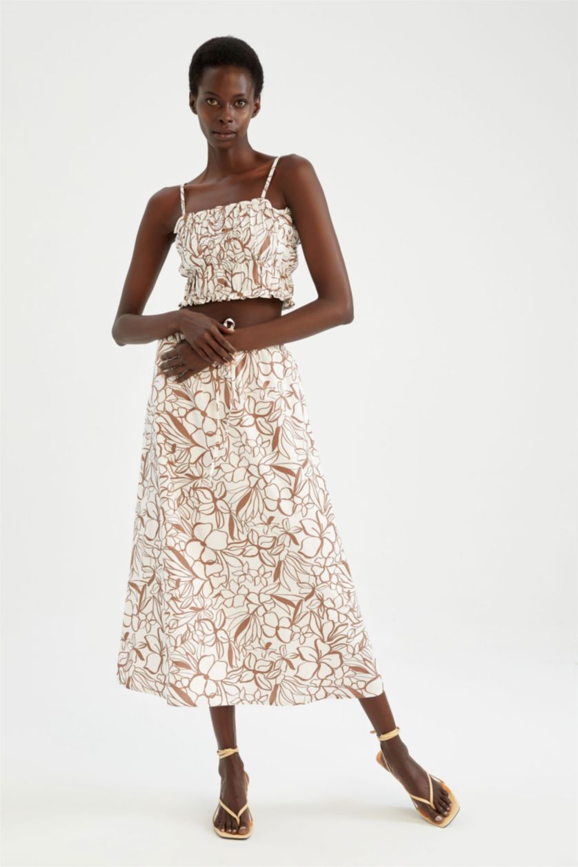 FEMME Beige Jupe mi-longue A-ligne en mélange de lin doublé de fleurs