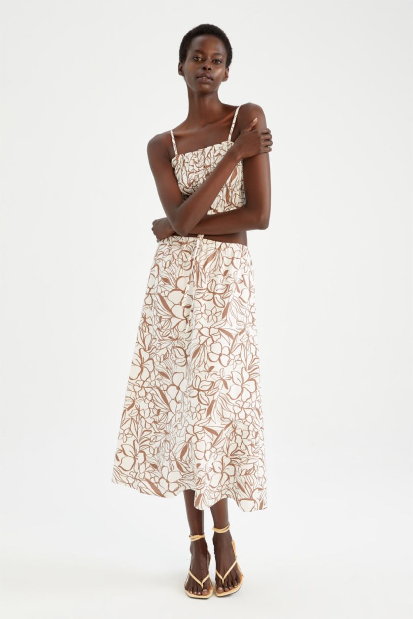 FEMME Beige Jupe mi-longue A-ligne en mélange de lin doublé de fleurs