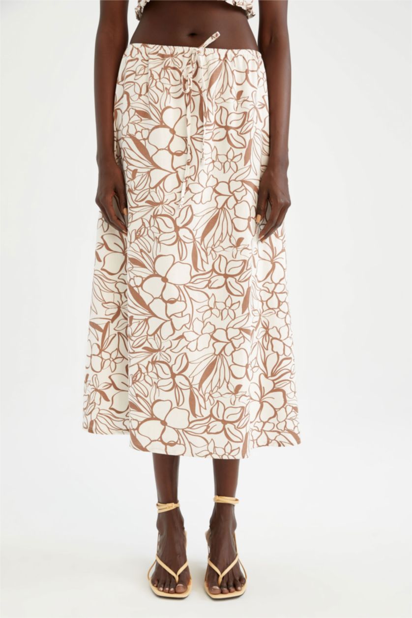 FEMME Beige Jupe mi-longue A-ligne en mélange de lin doublé de fleurs