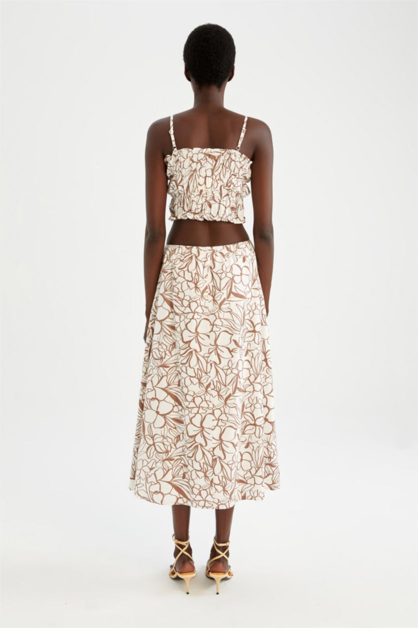 FEMME Beige Jupe mi-longue A-ligne en mélange de lin doublé de fleurs