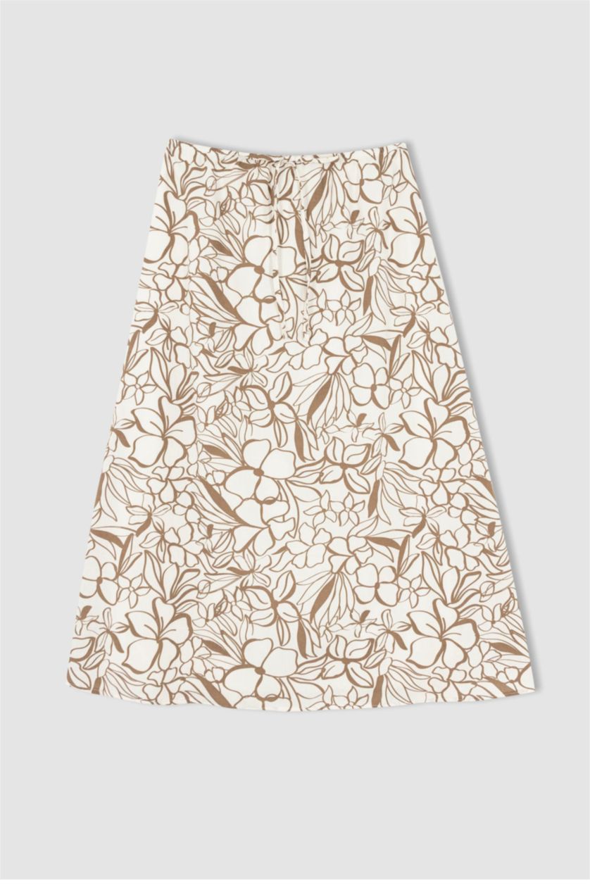 FEMME Beige Jupe mi-longue A-ligne en mélange de lin doublé de fleurs