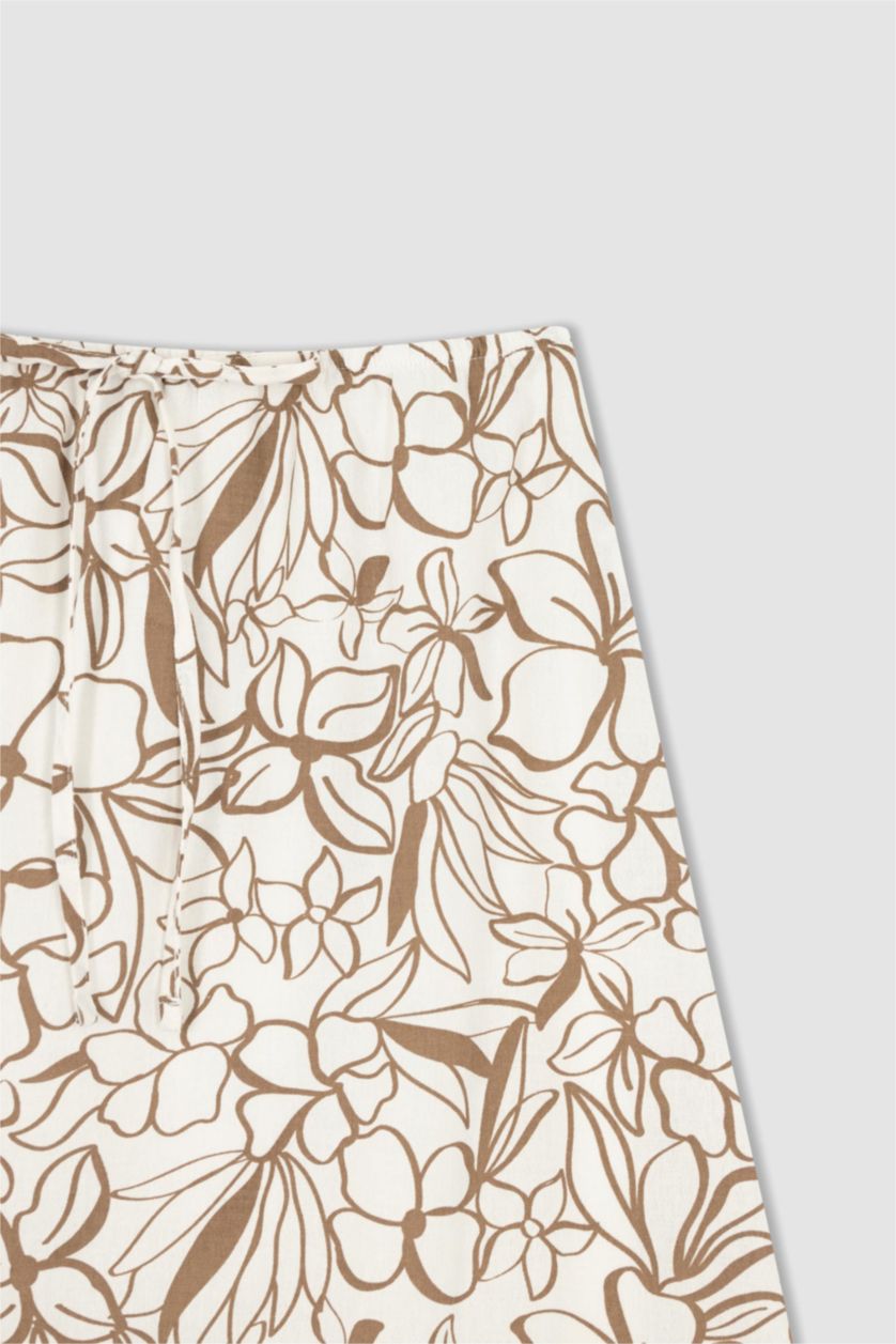 FEMME Beige Jupe mi-longue A-ligne en mélange de lin doublé de fleurs