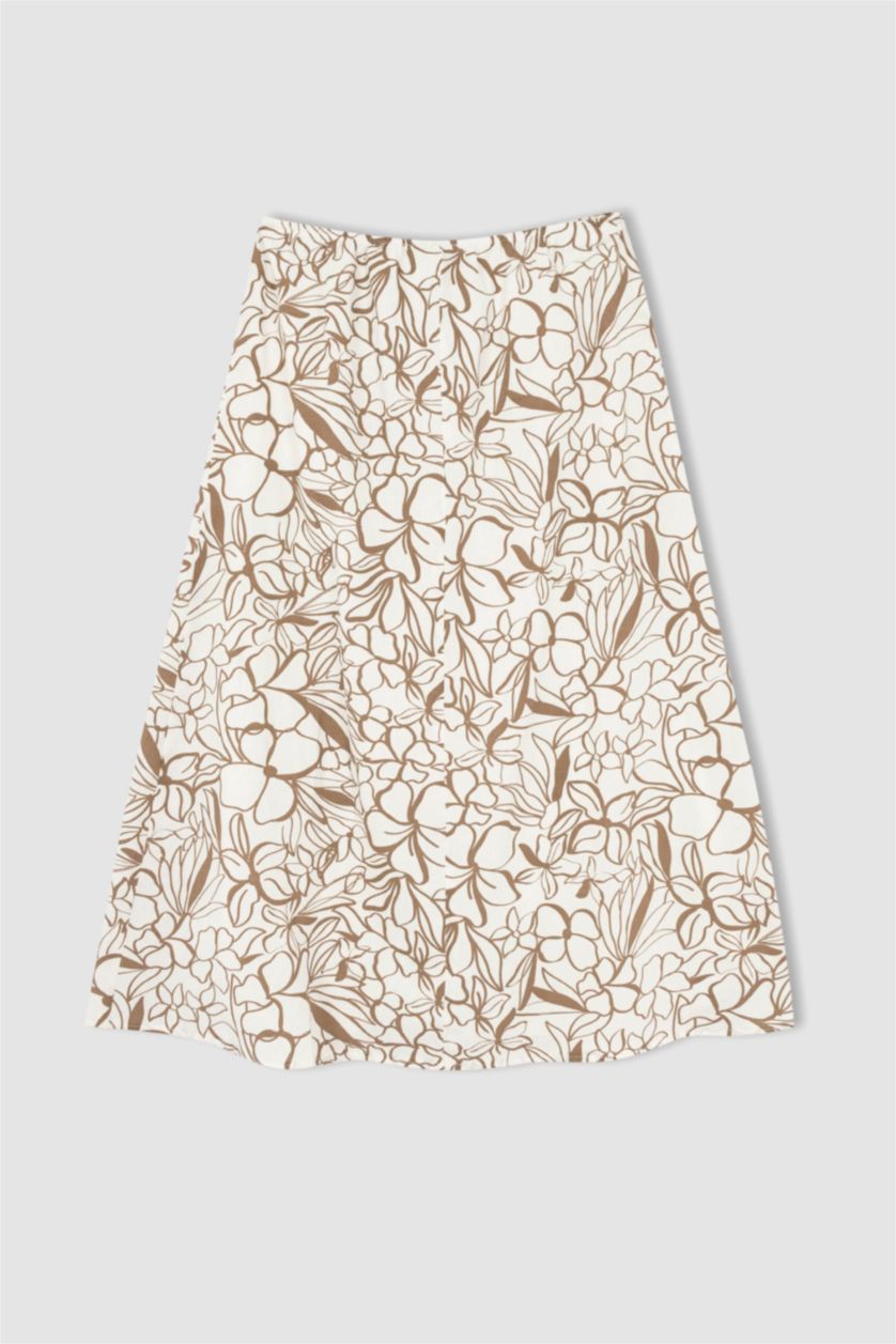 FEMME Beige Jupe mi-longue A-ligne en mélange de lin doublé de fleurs