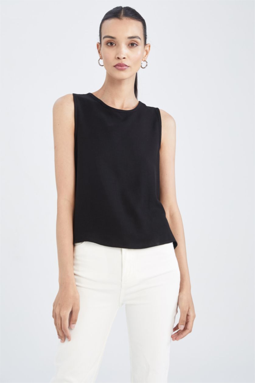 FEMME Noir Chemisier sans manches en mélange de lin à col rond coupe classique