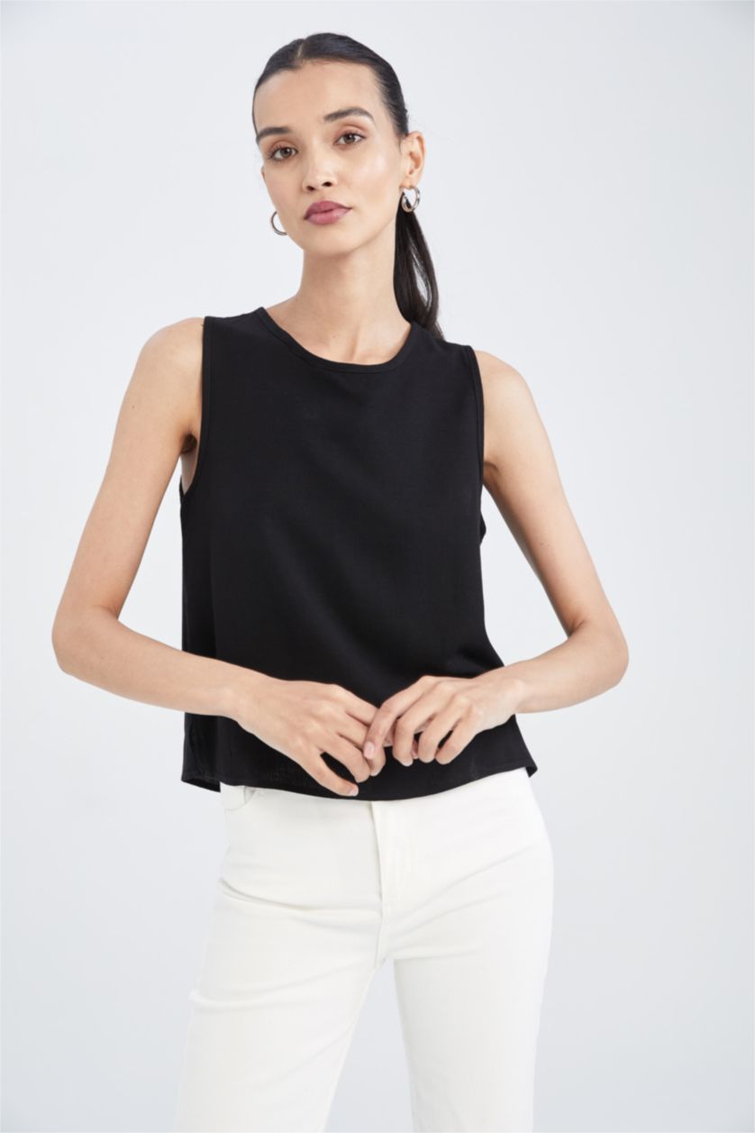 FEMME Noir Chemisier sans manches en mélange de lin à col rond coupe classique