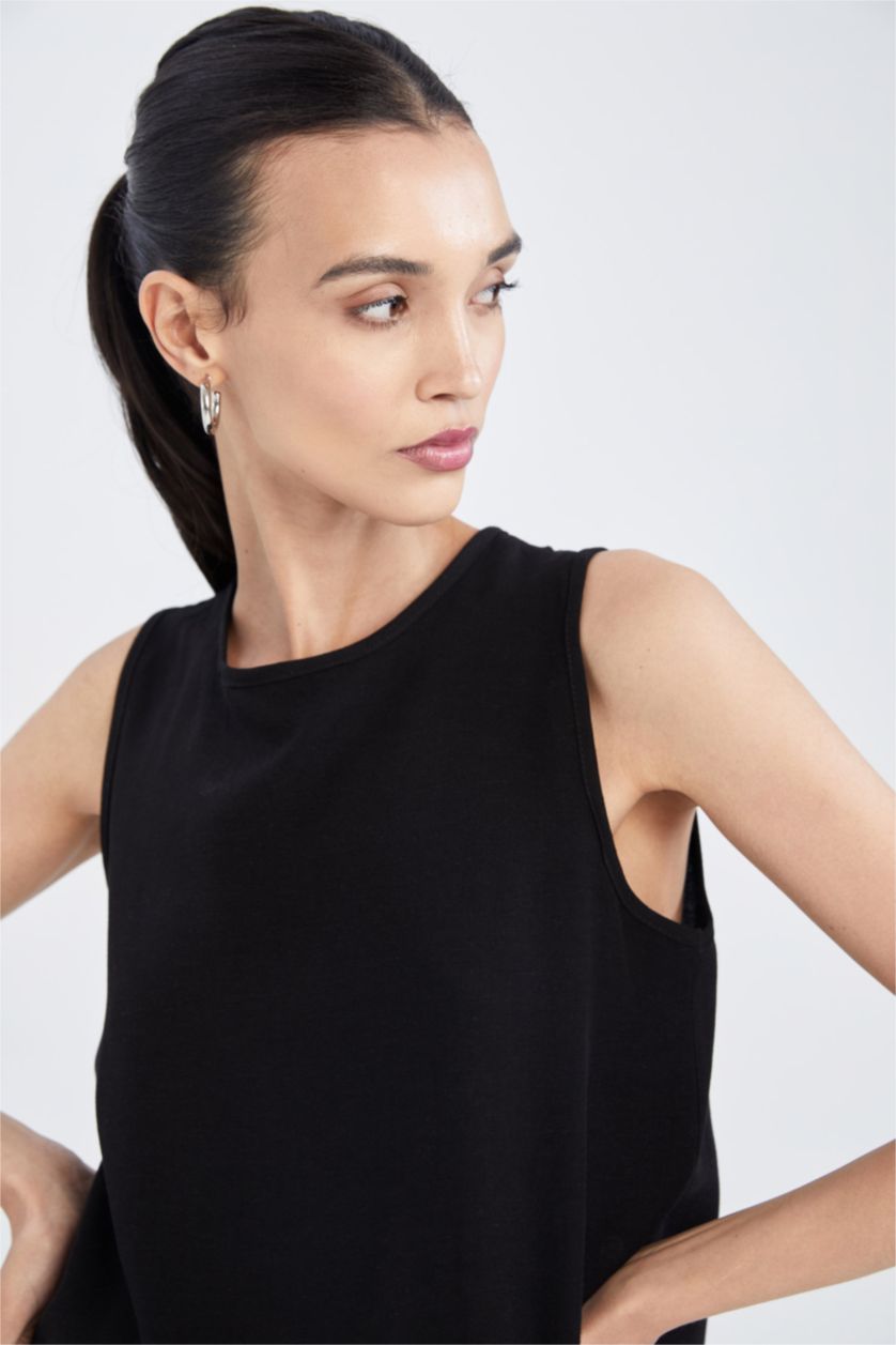 FEMME Noir Chemisier sans manches en mélange de lin à col rond coupe classique