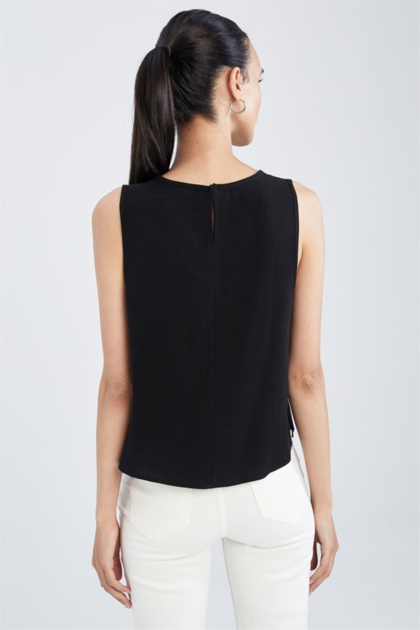 FEMME Noir Chemisier sans manches en mélange de lin à col rond coupe classique